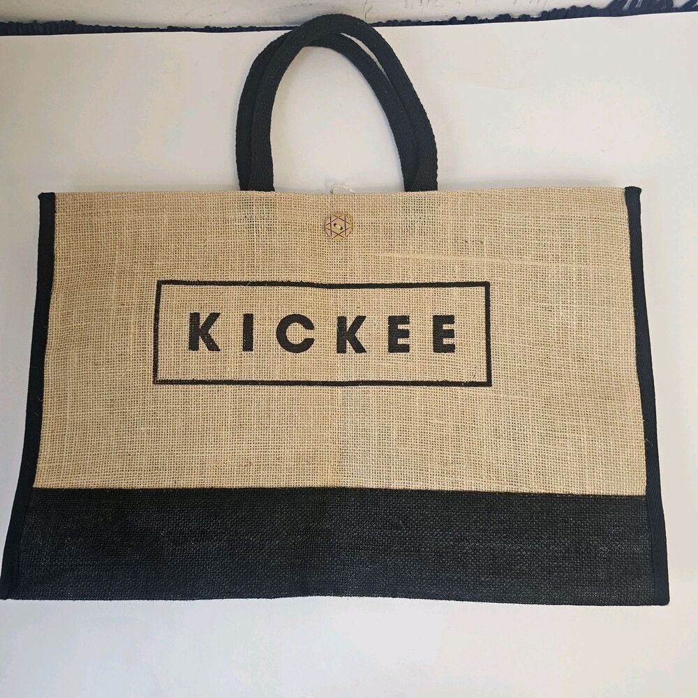 Womens Burlap Beige With Black Large Tote Bag Double Handles Beach Summer 089